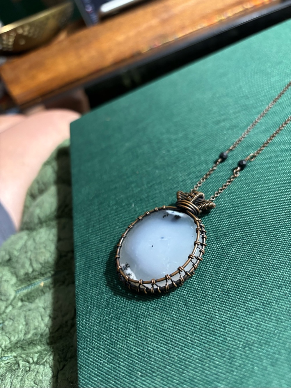 Handcrafted, Dendritic White Agate Pendant Necklace in Antique Copper